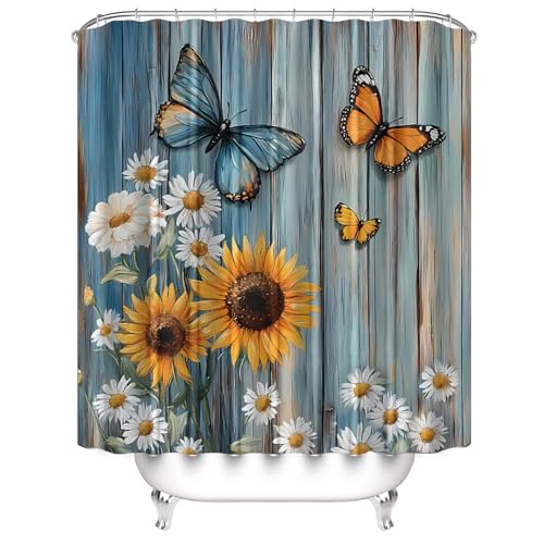 AZHM Rustic Flower Shower Curtain Set Sunflower and Daisy Floral Bathroom Set with Butterfly Accents with Shower Curtain and Bath Mat and 12 Hooks - color: Blue Yellow