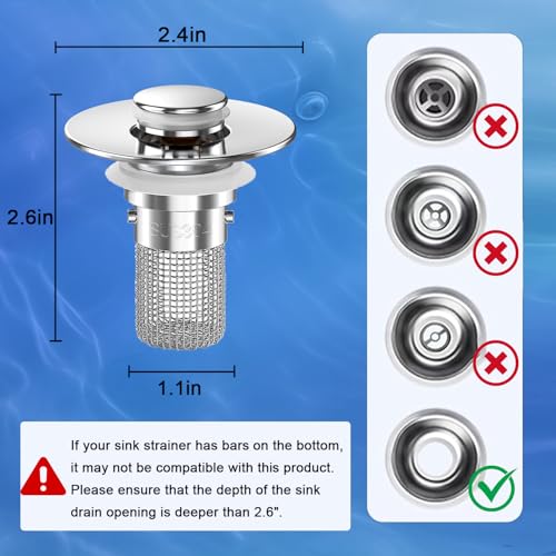 Bathroom Sink Drain Strainer, Pop-up Sink Drain Strainer with Removable Stainless Steel Strainer Basket Hair Catcher, Bathroom Sink Strainer for Bathroom Sink Stopper Replacement (3PCS) - color: Sliver-3