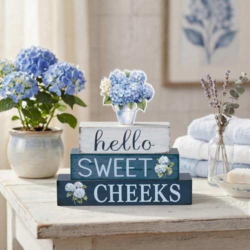 Cinnvoice 4 Pcs Hydrangea Bathroom Decor Farmhouse Bathroom Decoration Hello Sweet Cheeks Table Centerpiece Gift for Christmas Valentines Back to School - style: Hydrangea Hello Sweet Cheeks