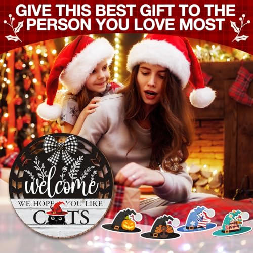 Interchangeable Seasonal Welcome Hanging Sign - Farmhouse Front Door Decoration for Holidays - Rustic Round Wood Wreaths with 12 Icons – Welcome Cat Lover(White) - color: catswhite