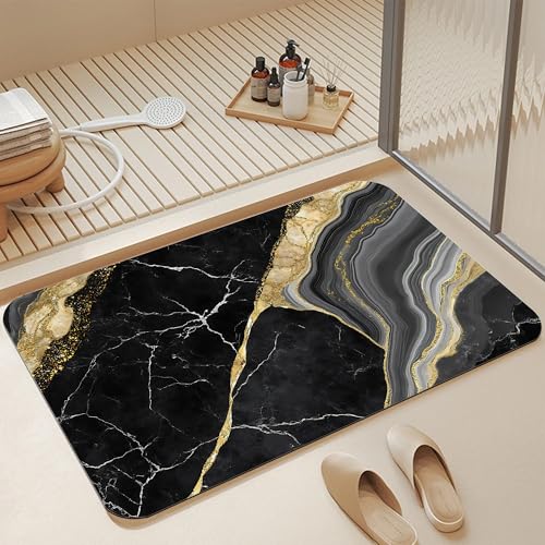 Black Gold Marble Bath Mat,Fast Drying Modern Stylish Bathmats for Bathroom, Non Slip Soft Diatomaceous Bath Rug Bathroom Accessories Thin Doormat for Home Kitchen 17 X 29.5 Inch - color: Black Gold Marble