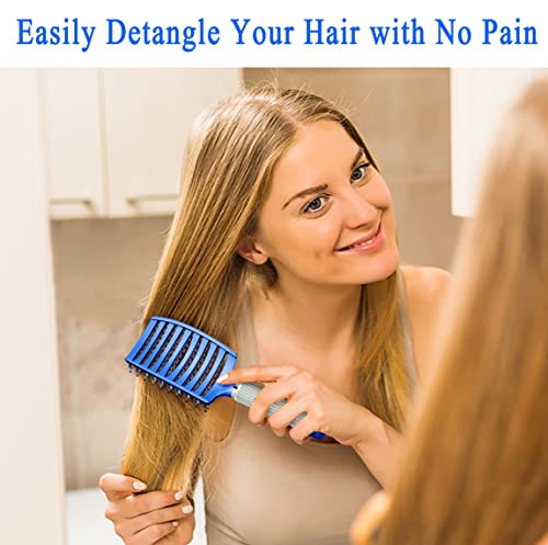 KTKUDY Detangling Brush Boar Bristles Hairbrush Make Hair Shiny & Healthier Curved and Vented Detangler Brush for Women Men Kids Wet and Dry Hair (Blue) - color: Blue