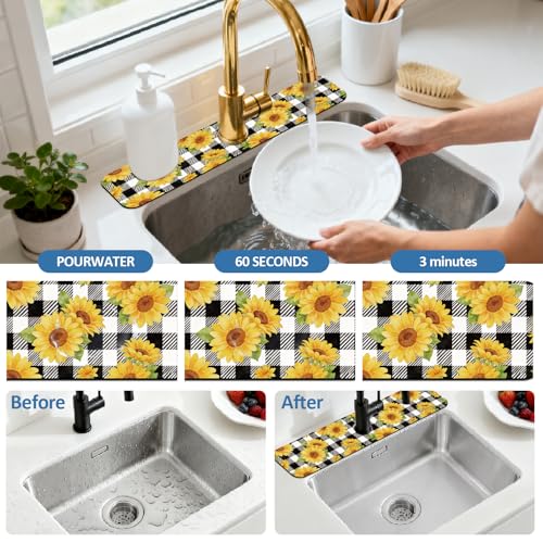 2 Pcs Kitchen Sink Splash Guard Faucet Mat Sunflower Plaid Pattern Faucet Mat for Sinks Plant Absorbing Drying Mats for Kitchen Bathroom, 23.6x5.5inch - color: Sunflower