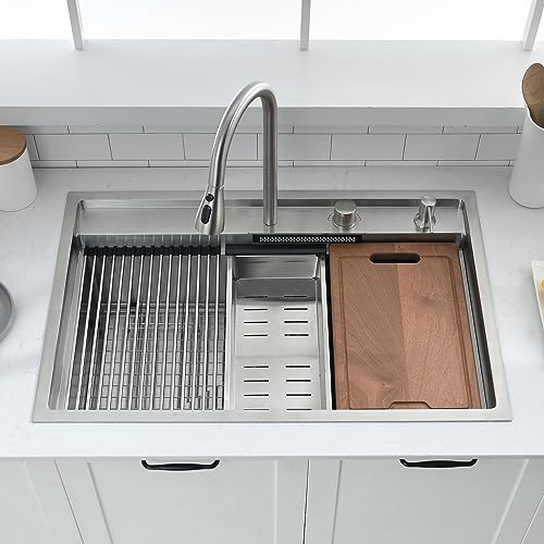 33 Inch Drop In Kitchen Sink with Waterfall Faucet Combo - VOKIM 33x22-Inch Drop In Sink Workstation Stainless Steel 16 Gauge Single Bowl Kitchen Sinks with Cutting Board - color: Stainless Steel （Waterfall）, size: 33"L x 22"W x 10"D