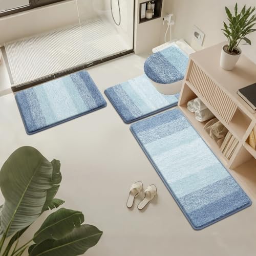 Bsmathom Bathroom Rug Set Bath Rugs Microfiber Non Slip Bathroom Set 4 Piece with Toilet Cover, Washable Absorbent Bath Mat, Dusty Blue - color: Dusty Blue, size: 18"x26"+18"x48"+U20"x24"+Cover19"x21"