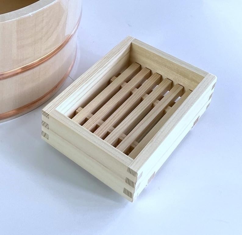 direfly Set of Natural Wooden Bath Stool | Hinoki Handy Bucket | Hinoki soap Dish