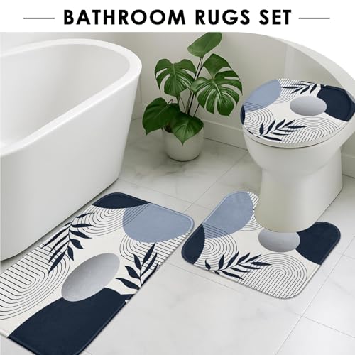 Boho Navy Blue and Grey Shower Curtain Set with Toilet Lid Cover and Non-Slip Rugs, Modern Minimalist Geometric Mid Century Abstract Leaf 4 Pcs Shower Curtain for Bathroom Set with 12 Hooks - color: Retro Blue
