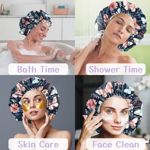 Luxury Shower Cap Silk Satin Lined Waterproof Reusable Adjustable Elastic Dry Hair Bathing Caps Cute for Women Girls-Butterfly Flower - color: C--4-Butterfly Flower