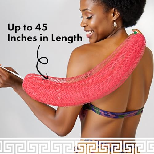 Bathway African Net Sponge Authentic with Handles (Set of 2), African Exfoliating Net Sponge, Exfoliating Body Scrubber Bath Sponge - Bathing Accessories with Storage Bag (Purple & Rose) - color: Purple & Rose