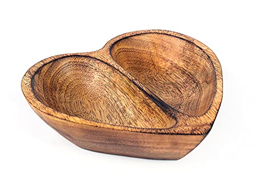 WitnyStore Heart Shaped Wood Bowl 6" Brown 2 Partitioned Handcraft Wooden Bowls Collectible Functional Serving Tray Dish Plate Hand Made Decorative Tableware Candy Nuts Desserts Fruit Home Décor Gifts