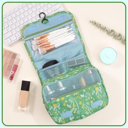 Pengxiaomei Hanging Toiletry Bag, Green Floral Waterproof Cosmetic Bag Portable Makeup Pouch Wash Bag with Handle for Woman Teen Girls Tea Party Summer Camp - color: Green