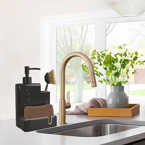 Soap Dispenser with Sponge Holder and Brush Holder, Ceramic Dish Soap Dispenser Pump, 3 in 1 Liquid Hand Soap Organizer with Funnel for Kitchen Sink Countertop, Matte Black - style: Embossed “SOAP”Design-Matte Black