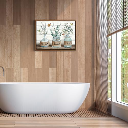 BJVJKSU Framed Farmhouse Bathroom Wall Art Rustic Green Botanical Bathroom Canvas Wall Decor Relax Soak Unwind Painting Print Eucalyptus Butterfly Picture Artwork Decor(16x24in) - color: Green framed, size: 24"L x 16"W