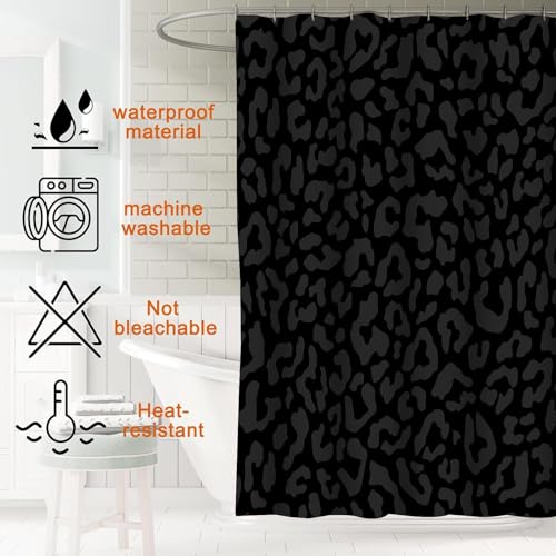 4 PCS Leopard Shower Curtain Cheetah Print Shower Curtain Sets Non Slip Bathroom Rugs Soft Plush Bath Mat Toilet Lid Cover Animal Print Shower Curtain with 12 Hooks for Bathroom Tub, Black - color: Black