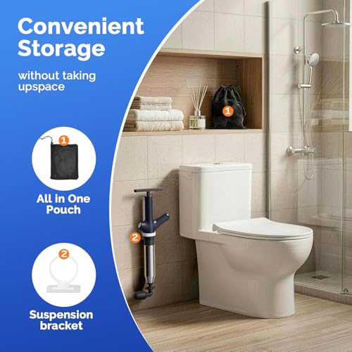 HAMITOR Toilet Plunger Drain Clog Remover: High Pressure Air Plunger & Heavy Duty Toilet Snake with Barometer for Sink, Drain Clogs - Unclogging Tool for Failed Traditional Plungers, Ink Black