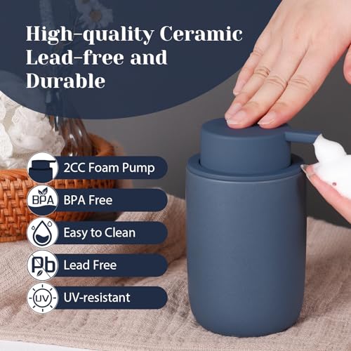 INGOFIN Ceramic Foaming Soap Dispenser Set, 2 Pack (12 oz) Bathroom Foam Hand Soap Dispenser with Pump, Hand and Dish Dispenser Set with 8 Pcs Clear Stickers,for Kitchen- Matte Blue - color: Blue-foam