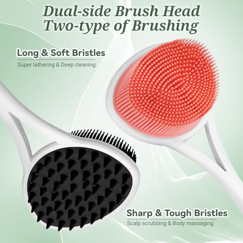 Silicone Back & Face Scrubber Set, 15.35’’ Soft Back Scrubber for Shower with Dual-Side Brush Head, Gentle Silicone Facial Scrubber Face Brush for Deep Lathering & Cleansing(Black-2PCS) - color: 2*black