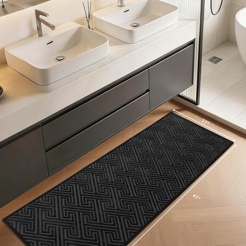 YIHOUSE Black Bathroom Runner Rugs 17"x47", Quick Dry Non Slip Long Bath Rug, Absorbent Machine Washable Thin Bath Mat for Restroom Floor Tub Laundry Room Home Decor - color: Black, size: 1'5" x 3'11" (Rectangular)