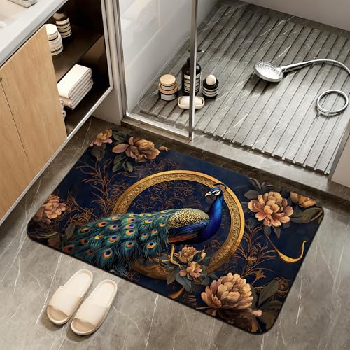 Peacock Bathroom Rugs,Bath Mats for Bathroom,Floral Low Pile Absorbent Bath Mat,Rubber Backing Non Slip Washable Thin Quick Dry Door Mat 17x29.5 Inch - color: Peacock,floral