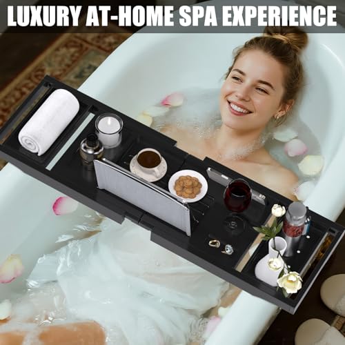 Bathtub Tray Caddy, Expandable Bath Trays for Tub, Bamboo Shelf & Table with Wine Glass Holder,Bathroom Accessories for New Home & Mothers Day & Birthday Gifts for Mom,Black - color: Black