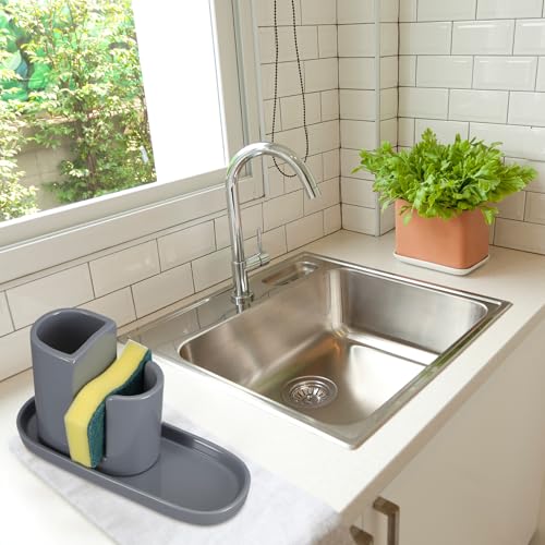 Geelin 3 in 1 Ceramic Kitchen Sink Caddy Dish Sponge Holder Scrub Brush Holder and Soap Tray for Kitchen Organizer Rustic Farmhouse Supplies (Gray) - color: Gray
