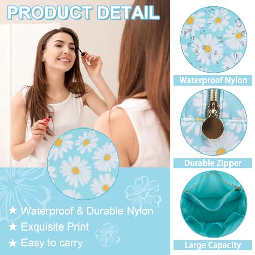 UIXIZQ Waterproof Large Floral Makeup Pouch,Nylon Travel Toiletry Storage Purse Preppy Cosmetic Bag for Women Girl,Large Capacity Makeup Organizer Zipper Pouch for Work(L Blue-Daisy) - color: Blue-Daisy, size: Large