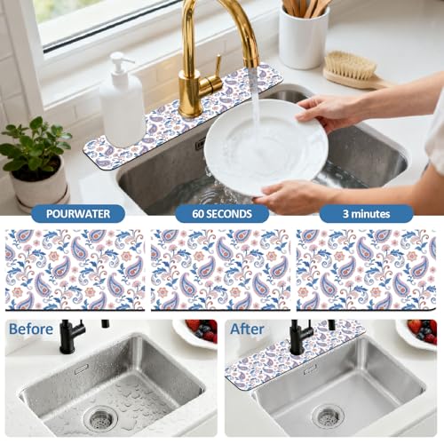 2 Pcs Kitchen Sink Splash Guard Faucet Mat Paisley Pattern Faucet Mat for Sinks Flower Absorbing Drying Mats for Kitchen Bathroom - color: Paisley Pattern