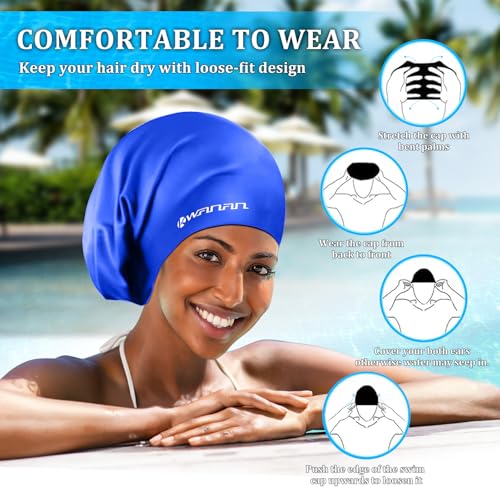 Extra Large Silicone Swim Cap for Long Hair and Protective Styles–Waterproof Swimming Cap for Men and Women with Dreadlocks, Weaves, Extensions, Braids, Curls, and Afros–Keep Hair Dry - color: Blue
