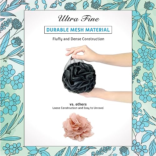Spongentle Shower Loofah Bath Sponge, Body Scrubber with Soft Mesh, Exfoliating Bath Pouf with Activated Charcoal, Bath Sponge for Women & Men, Bath Accessories for Scrubber Cleaning Tool, 60g 4 Pack - style: Charcoal Black
