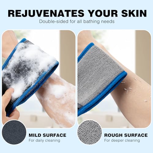 Back Scrubber for Shower, Navy Blue and Gray Exfoliating Body Wash Strap with Handles, 2 Pack