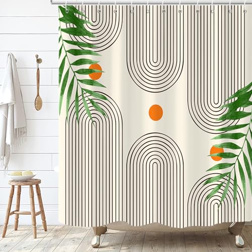 Boho Mid Century Modern Shower Curtain, Abstract Arch Leaf Minimalist Sun Beige Machine Washable Waterproof Fabric for Bathroom Bathtub with Hooks 72x72 - color: Beige Boho Leaves, size: 72"W x 72"L (Pack of 1)