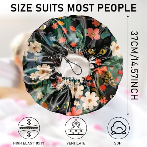 Luxury Shower Cap Adjustable Reusable Double Waterproof Layer Elastic Satin Lined Hair Bath Cap Cute Aesthetic Women Girls (K3-Cat Flower) - color: K3-Cat Flower