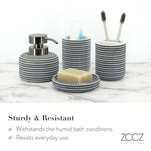 ZCCZ Black and White Bathroom Accessories Set, 4 Pieces - Toothbrush Holder, Soap Dispenser, Vanity Tray, Tumbler - Countertop Organizer for Bathroom Decor - Modern Accessory Set for Home and Office - color: Black and White
