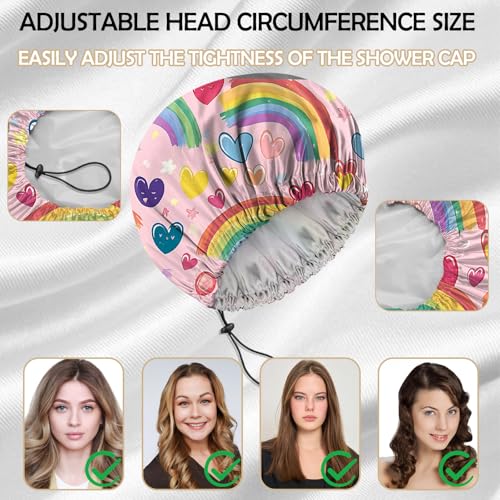 2 PCS Shower Cap Reusable Waterproof Adjustable Double Layer Elastic Dry Hair Bathing Caps Aesthetic Cute for Women Girls-Rainbow Heart - color: H-5-Rainbow Heart