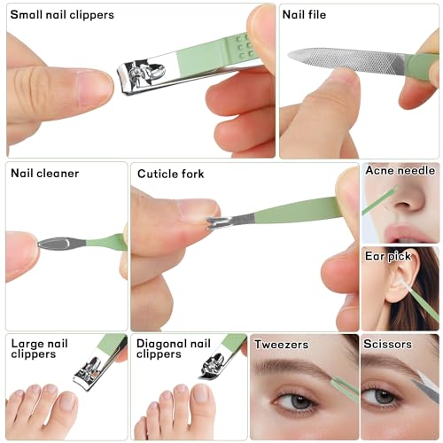 Manicure Set Gift for Women Men, Easter Basket Stuffers for Teens Boys, 10 In 1 Finger and Toe Nail Clippers Kit, Men's Grooming Pedicure Tools with Portable Travel Case, Matcha Green