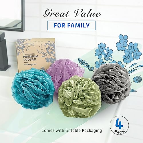 Spongentle Shower Loofah Bath Sponge, Body Scrubber with Soft Mesh, Exfoliating Bath Pouf and Body Wash Sponge for Women and Men, Bath Accessories Cleaning Tool, Large 60g 4 Pack - style: Ocean Breeze