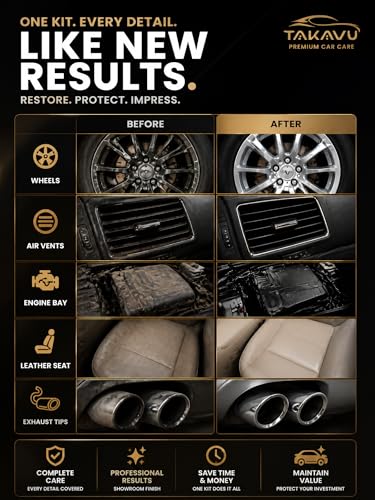 TAKAVU Car Detailing Brush Kit, 10 Piece Boar Hair for Interior | Detail Brushes, Wire Brush & Microfiber Towel for Engine Bay & Auto Interior Cleaning, Vents, Emblems & Trim
