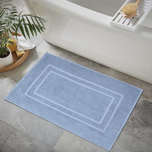 Feather & Stitch 2 Piece Towel Like Bath Mats (30x21 Inch) 100% Cotton Terry Bath Mats, Bathroom Shower Floor Mats [NOT A Bathroom Rug], Soft Absorbent Washable Mats - Pool Blue - color: Pool Blue