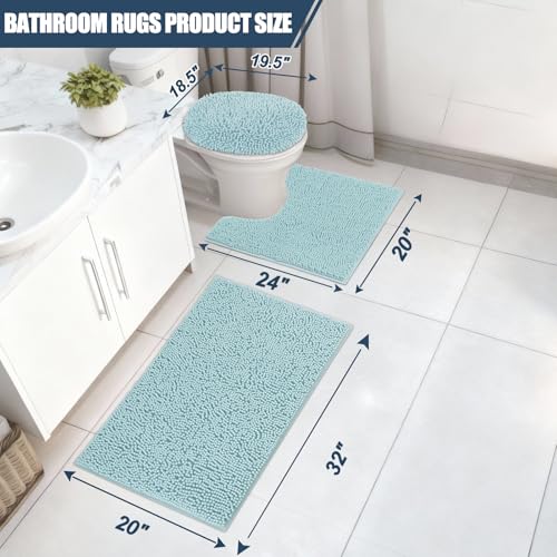 Bathroom Rugs Sets 3 Piece with Adjustable Toilet Seat Cover 19.5"x 18.5" Machine Washable Bath Rug Set with TPR Non Slip Rubber Backing Solid Bath Mat Set for Luxury Bathroom Decoration - color: Light Blue