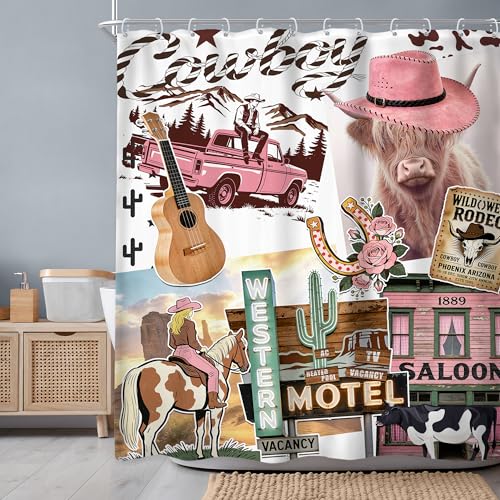 Newsely Western Cow Shower Curtain 60Wx72H Inch Cowgirl Farmhouse Boho Highland Cow Print Bathroom Set Cowboy Pink Rustic Animal Country Wildlife Nature Waterproof Decoration Accessories Home Decor - color: B-02cow, size: 60"W x 72"L (Pack of 1)