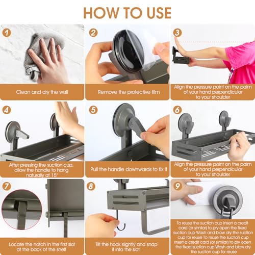 Suction Cup Shower Caddy, 15.7inch Extended Version, with 5 Hooks & Towel Rrack, No Drilling Required, Rust-Resistant Bathroom Shower Organizer (Dark Gray, 2-Pack) - size: 15.7 inches(2pack Dark Grey)