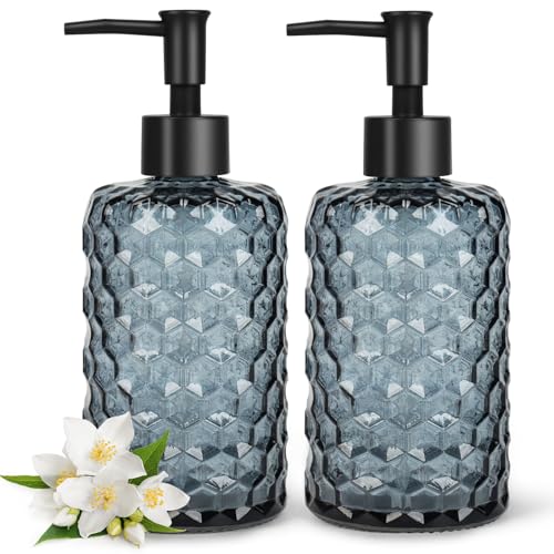Topsky 2 Pack Glass Soap Dispenser with Plastic Pump, 475ml Liquid Hand Soap Dispenser, Rustproof Pump for Kitchen & Bathroom, Great for Lotions, Essential Oil, Liquid Soaps-Grayish Blue - color: Honeycomb-grayish Blue, size: Plastic Pump