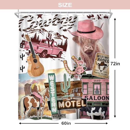 Newsely Western Cow Shower Curtain 60Wx72H Inch Cowgirl Farmhouse Boho Highland Cow Print Bathroom Set Cowboy Pink Rustic Animal Country Wildlife Nature Waterproof Decoration Accessories Home Decor - color: B-02cow, size: 60"W x 72"L (Pack of 1)