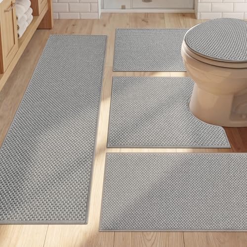 YIHOUSE Thin Bath Mat Grey Bathroom Rugs Sets 5 Pieces, Non Slip Absorbent Bath Mats Quick Dry, Woven Braided Rugs Washable, Rubber Tapetes para Baño for Bathroom Toliet,Bathtub - color: Light Grey, size: 5Pieces