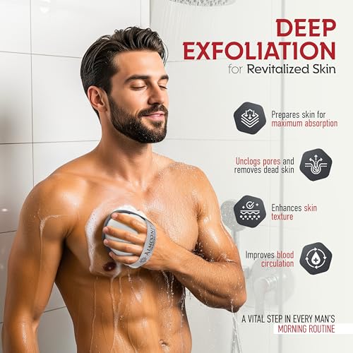 Almooni Natural Exfoliating Loofah for Men, Lightly Abrasive Egyptian Loofah Body Scrubber for Men, Dual-Sided with Cotton Back, Hand Strap, Gray, 2-Count - style: Gray