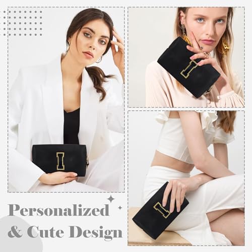 Personalized Initial A-Z Preppy Patch Makeup Bag,Small PU Chenille Letter Cosmetic Bag with Zipper for Teen Girls,Black Cute Toiletry Organizer Bag,Monogram Makeup Case Gift for Women Girls,Letter I - color: Black,Black-Letter, size: I