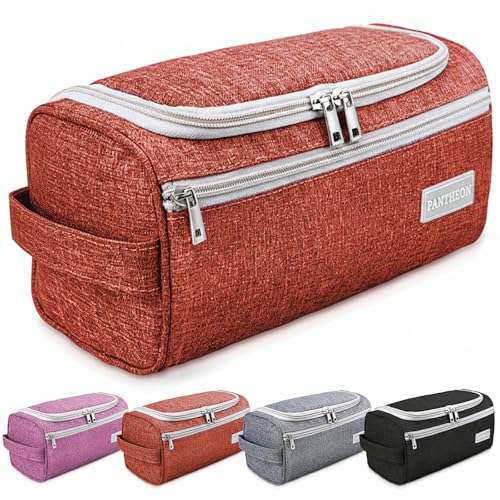 emissary Hanging Travel Toiletry Bag for Men, Dopp Kit - Red | Built-in hook, waterproof wipe-clean lining, clear & mesh pockets; men's travel toiletry organizer, folds flat - color: Red