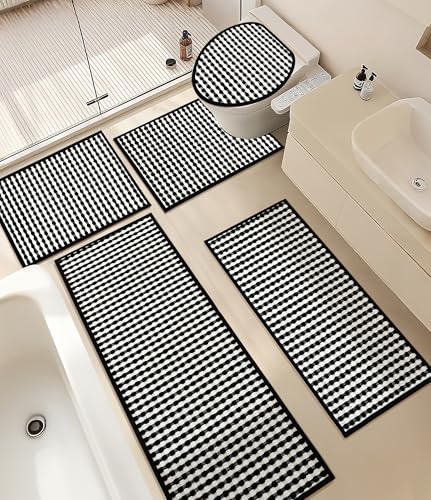 YIHOUSE Black Bathroom Rugs Set 5 Pieces, Checkered Absorbent Bath Mat Sets Quick Dry, Woven Soft Bath Rugs Non Slip, Thin Washable Rugs for Bathroom - color: Black, size: 5 Pieces