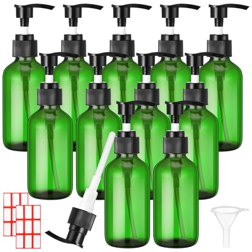 Tanlade 12 Pcs Glass Pump Bottle Dispenser 4 oz Travel Bottles with Pump Refillable Glass Containers for Toiletries Lotion Liquid Soap Shampoo Essential Oils Cosmetic Travel Accessories(Green) - color: Green