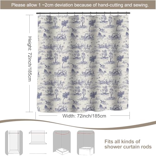 MUGINYU French Toile de Jouy Shower Curtain Linen 72x72 - Blue Countryside Landscape with Sheep, Dogs, Trees, Farmhouse Bath Decor - color: Toile De Jouy Dog